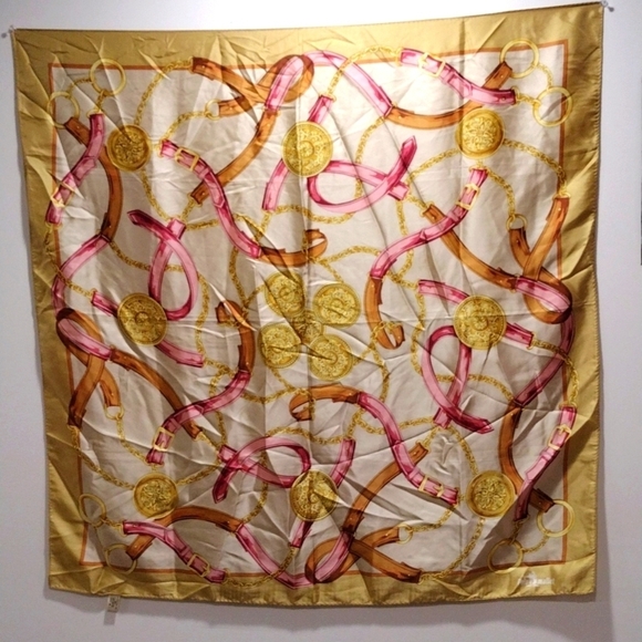 Polo Mallet Gold Pink Brown Jewelry Belts Print Luxury Silk Scarf 34x34 inches - Picture 3 of 9